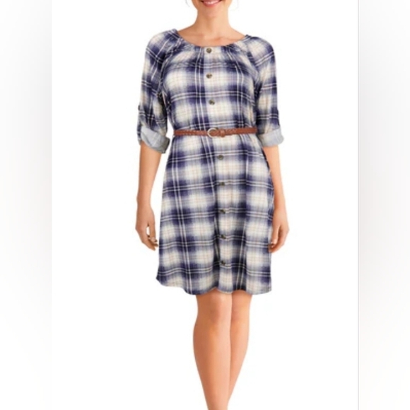 My Style Blue Plaid Faux Button Front Dress with Belt Sz.S - Picture 1 of 7